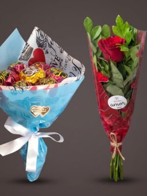 Buquê de Chocolates Ouro Branco e Sonho de Valsa + Unidade de Rosa Natural