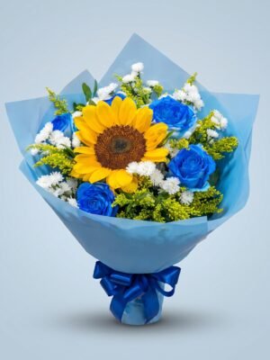 Buquê de Girassol com 5 Rosas Azuis