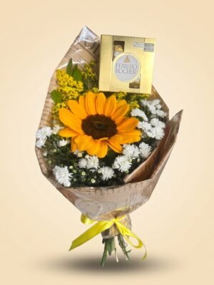 Buquê com 1 Girassol e Caixa de Ferrero Rocher 50g