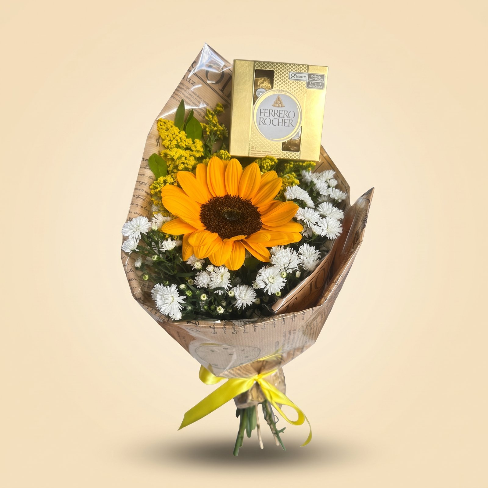 Buquê com 1 Girassol e Caixa de Ferrero Rocher 50g 1 Buquê com 1 Girassol e Caixa de Ferrero Rocher 50g