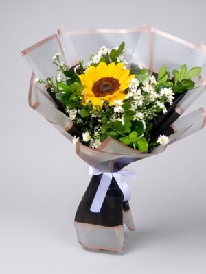 Lindo Buquê de Girassol e Flores Brancas | Embalagem Coreana de Luxo