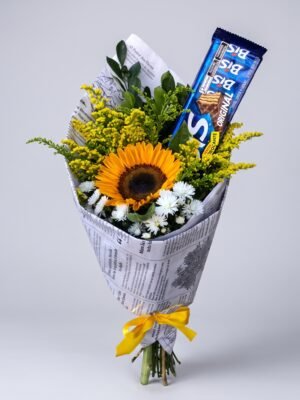 Buquê Girassol e Bis – Kit Presente Floral Criativo com Embalagem Vintage