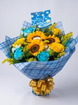 Buquê de Girassóis Van Gogh com Cartão Temático Noite Estrelada