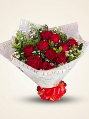 Buquê de 10 Rosas Vermelhas e Áster em Embalagem Premium