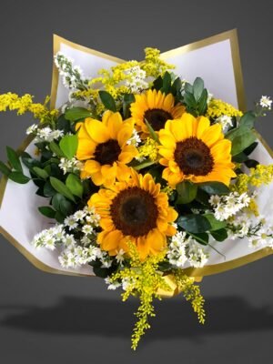 Lindo Buquê de Girassóis e Flores do Campo em Embalagem de Luxo