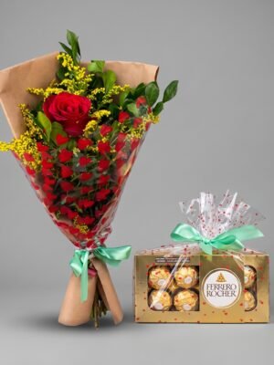 Combo de Buquê Unitário de Rosa Vermelha com Bombons Ferrero Rocher