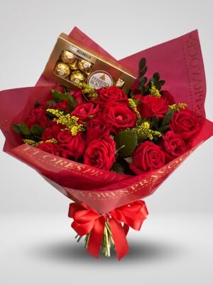 Buquê de 25 Rosas Vermelhas com Caixa de Ferrero Rocher (100g)