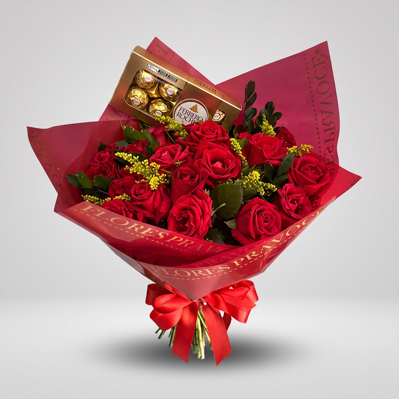 Buquê de 25 Rosas Vermelhas com Caixa de Ferrero Rocher (100g) 1 Buquê de 25 Rosas Vermelhas com Caixa de Ferrero Rocher (100g)